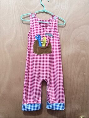 Pink Gingham Tool Applique Kids Romper
